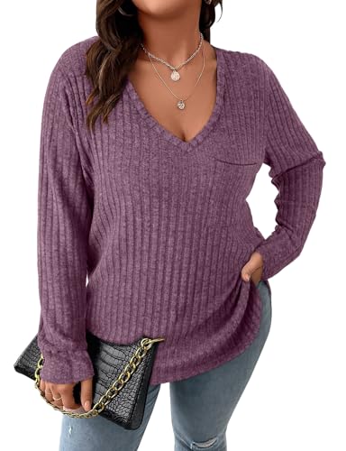 Image of Koscacy Women Plus Size Casual Knit Sweater with Pocket V Neck Solid Color Tops Lightweight Long Sleeve Blouses