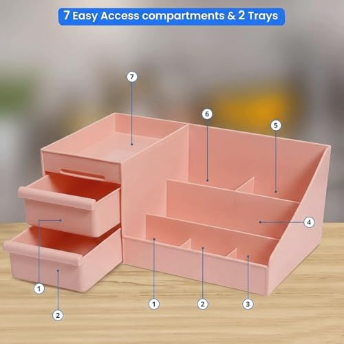 Image of INOVERA Makeup Organizer with Drawers | Countertop Cosmetics Display Case for Dressing Table | Vanity storage Holder Box (Pink)