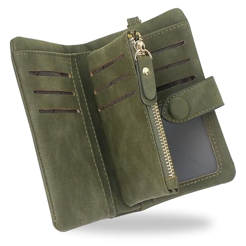 RFID Blocking Wallets for Women, Large Capacity Soft Leather Womens Small Wallet with Wrist Strap (Olive Green)