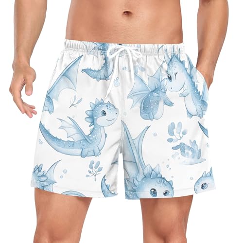 xigua Watercolor Cute Baby Dragon Mens Swim Trunks with Liner, 5 inch Quick Dry Mens Boardshorts for Beach