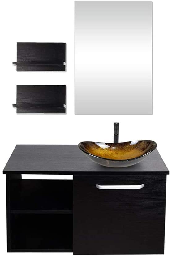 YU YUSING Ensemble de Meubles de Salle de Bain avec Lavabo et Miroir, Meuble de Salle de Bain avec Armoire de Rangement, Miroir, 2 Étagères Murales, Vasque à Poser,...