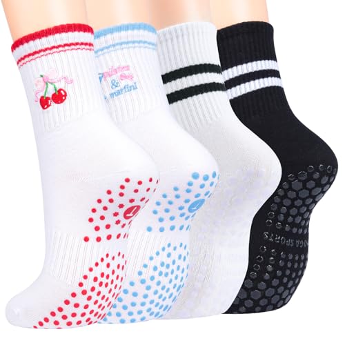 Image of Toes Home Pilates Socks for Women with Non Slip Grippers, Yoga Crew Socks for Barre Hospital Sticky Slipper Socks 4 Pairs