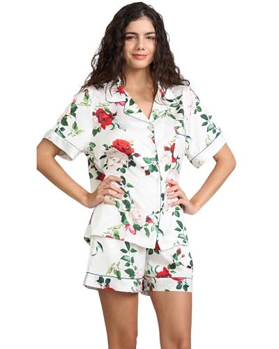 Image of YiNi LuLu Womens Silk Satin Shorts Pajamas Set Button Down 2 Piece Pjs Short Sleeve Oversized Sleepwear with Pockets
