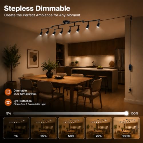 Image of Dimmable Plug in Track Lighting,Plug in Ceiling Light Fixture,Black 8 Light Track Light with 16.4' Long Cord,Dimming Switch,8 Way Ceiling Spotlight,Rotatable,LED Bulbs Included