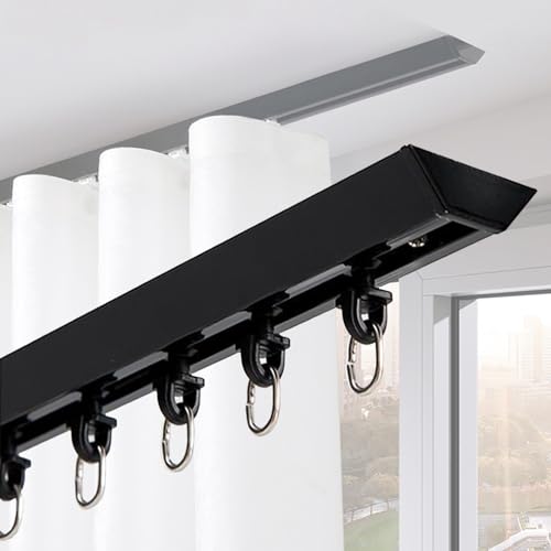 Barra de cortina de 100-450 cm, resistente para tabiques y ventanales (negro, L: 370 cm)