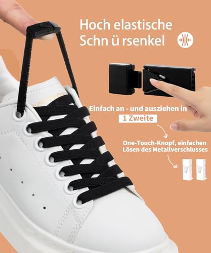 Stepace 2 Paar Elastische Schnürsenkel ohne Binden - 8mm Breit Flache Hohe Elastizität mit Metallschnalle für Sneaker Kinder Erwachsene Schwarz 120