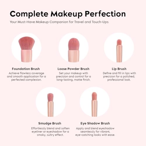 Image of Gleva Travel Size Mini Makeup Brushes Set with Mirror Small Complete Function Cosmetic 5 Pcs Brushes Kit Case Apply to Face Foundation Powder Concealers Eyebrow Eyeshadow (Rose Red)