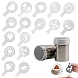 2 Stück Kakaostreuer für Cappuccino,Kakao Streuer Puderzucker mit Cappuccino Schablonen 16 Teile,Edelstahl Puderzuckerstreuer,Mehlstreuer mit Deckel,Puderzuckermühle,Staubzuckerstreuer Kaffeeschablone