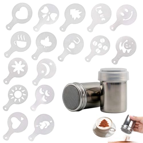 2 Stück Kakaostreuer für Cappuccino,Kakao Streuer Puderzucker mit Cappuccino Schablonen 16 Teile,Edelstahl Puderzuckerstreuer,Mehlstreuer mit Deckel,Puderzuckermühle,Staubzuckerstreuer Kaffeeschablone