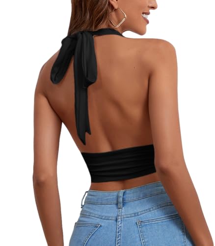 Rooscier Women's Deep V Neck Halter Tie Back Sleeveless Backless Cami Crop Top2