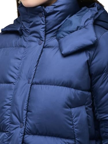 Image of Woods Women's Blue Solid Regular Fit Puffer Lightweight Quilted Winter with Detachable Hood, Full Sleeve Zip Closure & Front Pockets, Casual Outerwear for Cold Weather