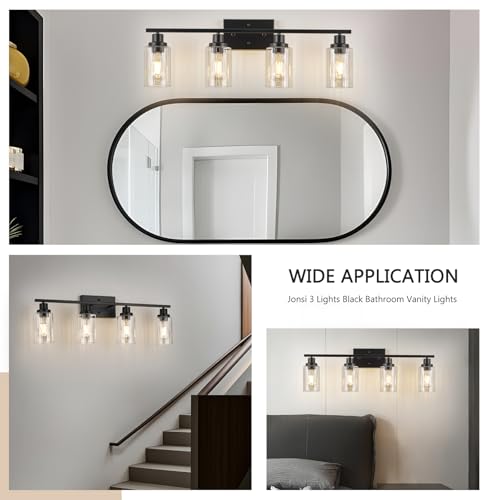 Image of Jonsi Modern Black Bathroom Light Fixtures, 4-Light Modern Black Vanity Light, Bathroom Vanity Light with Stripe Glass Shade, E26 Wall Sconces Over Mirror for Bathroom, Living Room, Hallway