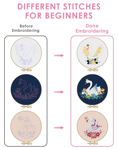Image of TINDTOP 3 Pack Embroidery Kit for Adult Beginners, Embroidery DIY Starter Kit, with Swan Stamped Patterns, Hoop, Tools, Colorful Threads with Needles, Instructions | with Swan Stamped Patterns, Hoop, Tools, Colorful Threads with Needles, Instructions