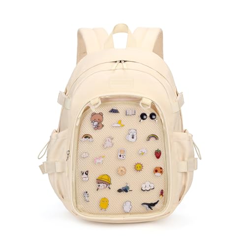 ZJYJING Ita Backpack with Pin Display Insert School Backpack for Girls Cute Ita Bag for Anime Badge Display (Off White)