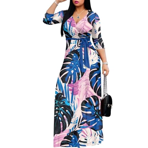 Hdjxbdhsv Hawaiian Tropical Maxi Dresses for Women Luau Party V Neck 3/4 Sleeve Wrap Tie Waist Flowy Swing Dress with Pockets Beach Vacation Dresses Summer Sundress