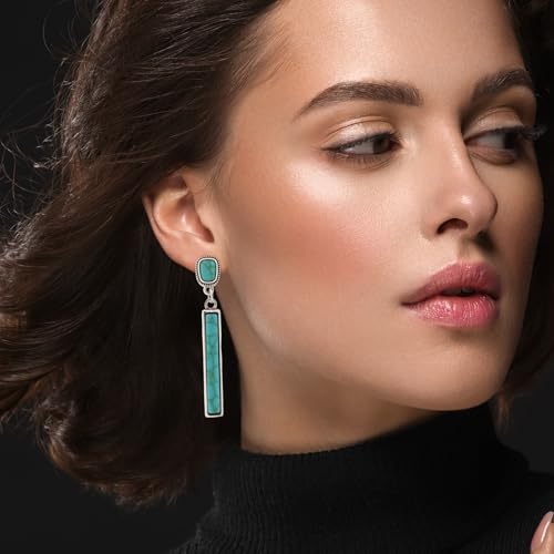 Silver Turquoise dangle Earrings for Women Boho Earrings Chunky Long Turquoise Studs Gemstone Bar Dangling2