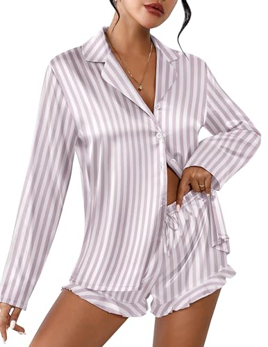 Image of Ekouaer Womens Satin Pajama Sets Cute Button Down Silk Pjs with Ruffle