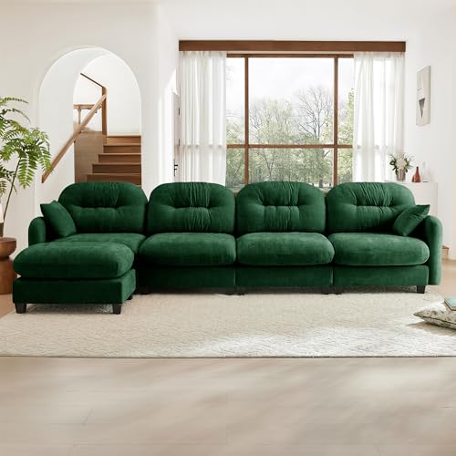Image of KEIKI 140 inch L-Shaped Oversized Chenille Modular Sectional Sofa with 1 Ottoman, High-Density Foam Cushions, Tufted Pleated Cushion Backrest, Modern 4-Seater Couch with 2 Pillow, for Living Room, Green