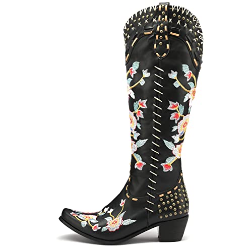 Image of YIYA Women's Star Cowboy Boots Black and White Cowgirl Boots with White Stars Pointed Toe Chunky Low Heel Pull-On Wide Calf Western Embroidered Boots