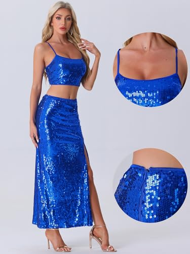 Allegra K Sequin Sets for Women's Spaghetti Straps Crop Top High Waist Split Maxi Skirt Set Two Piece Outfit2