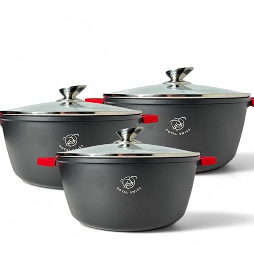 Royal Swiss® - Cacerola con revestimiento de mármol, tapa de cristal, inducción, 6 litros, 28 cm, negro (negro, 36)