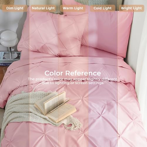 Image of Sasttie Twin Comforter Set, 5-Piece Bed in a Bag, Pintuck Bedding Sets for All Season, Includes Comforter, Flat Sheet, Fitted Sheet, Pillowcase and Pillowsham, Baby Pink