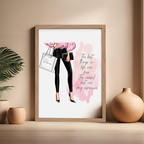 Image of Poster Master The Best Thing In Life Are Free Poster - Fashion Print - Trendy Art - Modern Art - Gift for Women & Fashionista - Funny Glamour Decor for Bedroom or Girl's Room, 16x20 Beige Framed