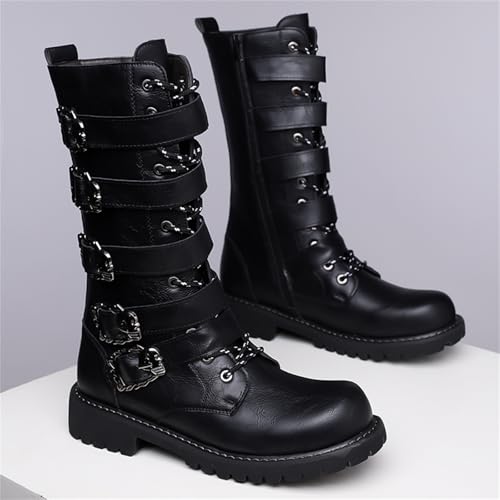 Men's Black Leather Lace Up Multiple Fasciculi Knee High Motorcycle Boots with Side Zipper Round Toe Bike Riding Punk Rock Y2K Cowboy Western Tactical Army Boot3