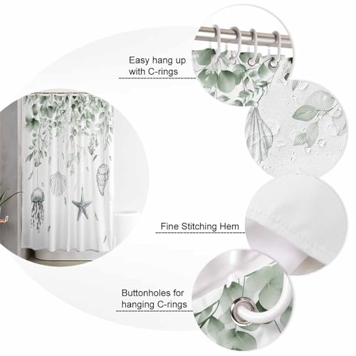 Coastal Eucalyptus Shower Curtain Set with Hook 72" x 72",Sage Green Starfish Jellyfish Shell Washable Cloth Polyester Fabric Shower+Curtain,Waterproof Bath Curtains for Bathroom,Showers,Bathtubs by ZOE GARDEN - Used condition - Image 5