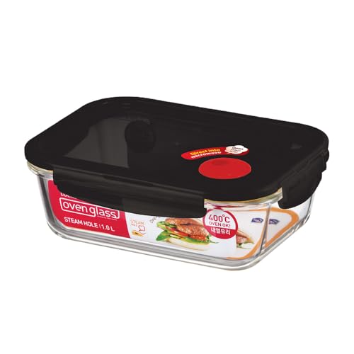 Lock & Lock Frischhaltedose aus Glas mikrowellengeeignet - Oven Glass - Auflaufform eckig mit Deckel für Backofen, Mikrowelle & zum Einfrieren, 1 Liter