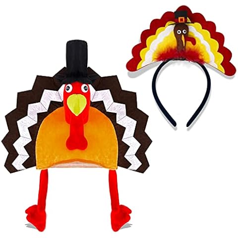 2PCS Thanksgiving Turkey Hat and Turkey Headbands Christmas Plush Turkey trot Hat with Head Legs Tail Holiday party supply for kids Women and Man Cover