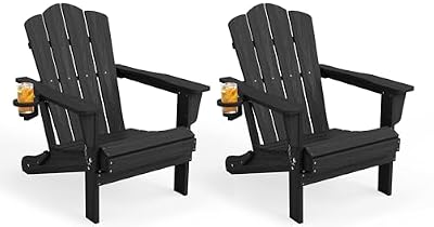 KINGYES Folding Adirondack Chair Set of 2, HDPE All-Weather Patio Chairs, Wooden Textured Lawn Chair for Poolside, Backyard, Deck, Fire Pit, Black