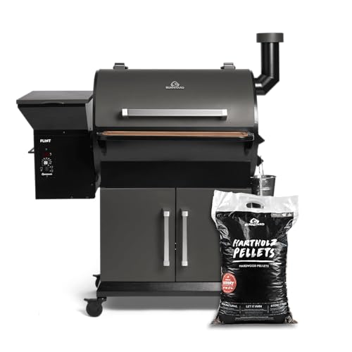 BURNHARD® Pelletsmoker Set FLINT, 2 Ebenen, 9 kg Hartholz-Pellets, 70-230°C Temperaturbereich, Edelstahl-Grillroste, Abklappbarer Tisch, Unterschrank, Integrierte Messfühler, BBQ-Aromen, 24h Smoken