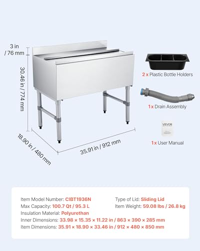 Image of VEVOR Commercial Ice Bin,19 Inch Stainless Steel Ice Chest with Sliding Lid and Bottle Holders, Cooler Cart Cocktail Unit for Bar Restaurant Pub, NSF Certified