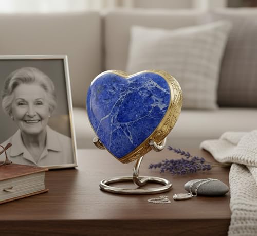 eSplanade Brass Mini Cremation Urn Heart-Shaped Keepsake Memorial Jar Pot Container | Small Urn for Funeral Ashes Burial | Stone Textured Keepsake with Stand | Blue - 2.75 Inches