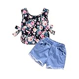 JERFER 2 Pcs Kleinkind Baby Mädchen Ärmellos Blumen Drucken Tops und Spitze Loch Denim Kurze Hose Outfits Set