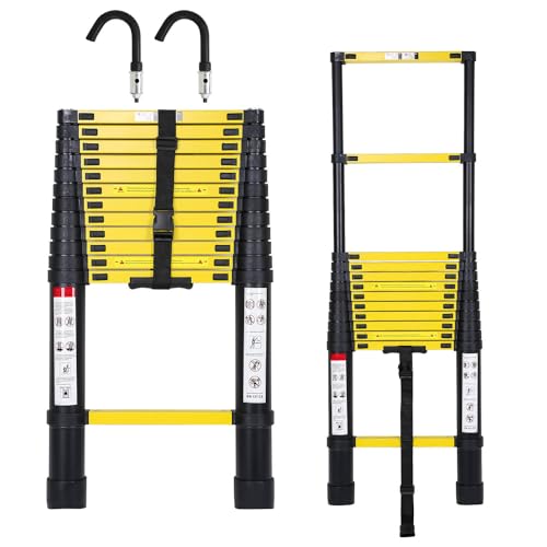 Yakimz Escalera telescópica de aluminio de 3,8 m con 2 ganchos extraíbles, escalera extensible portátil, escalera multiusos antideslizante, hasta 150 kg de carga (negro)