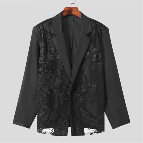 Men Transparent Mesh Blazer Patchwork Lace Lapel One Button Casual Street Coat 5