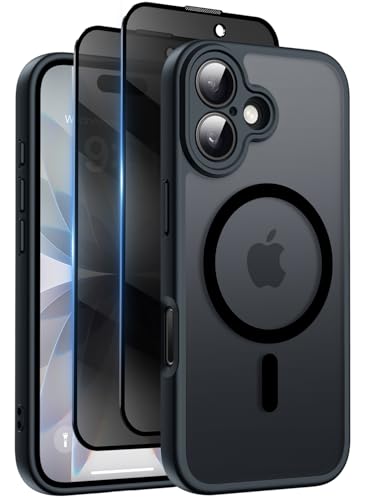 Qasyfanc Funda Magnética para iPhone 17 Compatible MagSafe con 2 Privacidad Cristal Templado Antiespia, Protección de Cámara Carcasa Translúcida Mate Trasera, Fina Antigolpes Negro