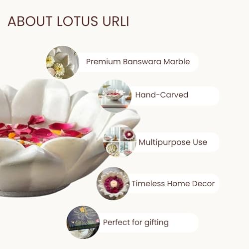 Image of Marble Urli Bowl for Decoration | Big Potpourri Decorative Bowls in Home decor | Large White Floating Flower Plates of Stone | Small Shape puja Item | (6 inch, Lotus Crest)