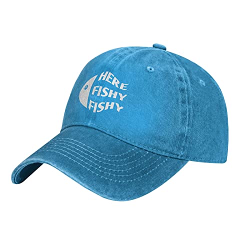 Qvxhkp Funny Fishing Hat Here Fishy Fishy Fishy Hat For Men Baseball Caps Cute Hats Blue #TOP1