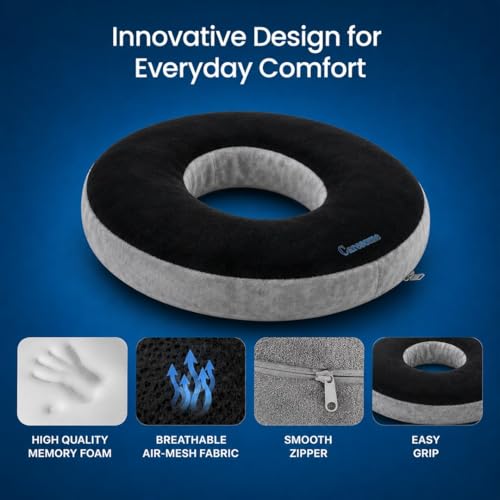 Image of Caresom Donut Round Ring Pillow for Tailbone Pain, Orthopedic Memory Foam Donut Seat Cushion, Piles Pillow for Hemorrhoids, Pain Relief for Piles, Coccyx, Prostate, Sciatica, Post-Natal, Pregnancy