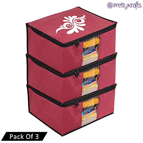 Image of PrettyKrafts Large Saree Cover With Creative Prints, Wardrobe Organiser, Clothes Cover & Storage, Zip Closure and Transparent Window | Clothes Storage Bag | Set of 3, Multi | Size: 40 x 35 x 20 cm