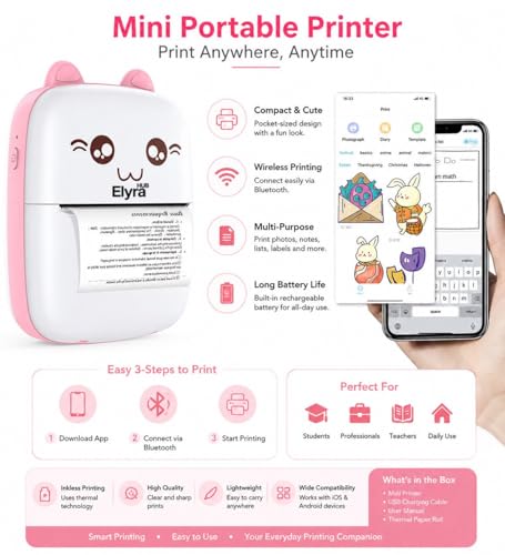 Image of Mini Portable Thermal Printer - Bluetooth Pocket Printer for Kids & Adults, 57mm Inkless Photo & Label Printer with 1 Roll, Prints B&W Notes, Stickers & Photos (White)