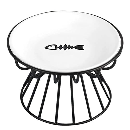 Image of Raised Cat Food Bowl, Ceramic Cat Dish with Metal Stand | Pet Water or Food Feeding Bowls for Indoor Cats, Kitten, Puppies and Small Dogs, Dishwasher Safe