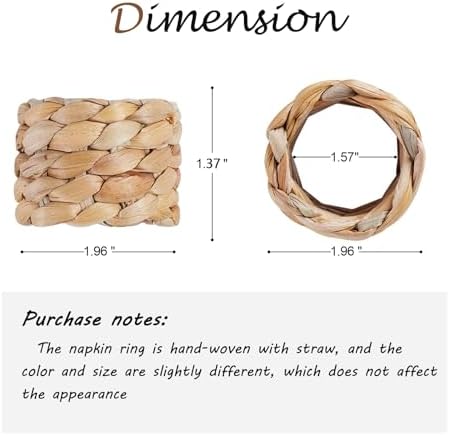WOHIWO Napkin Rings Hand Woven Natural Water Hyacinth Napkin Rings for Party Wedding Table Decoration (6 Pack)