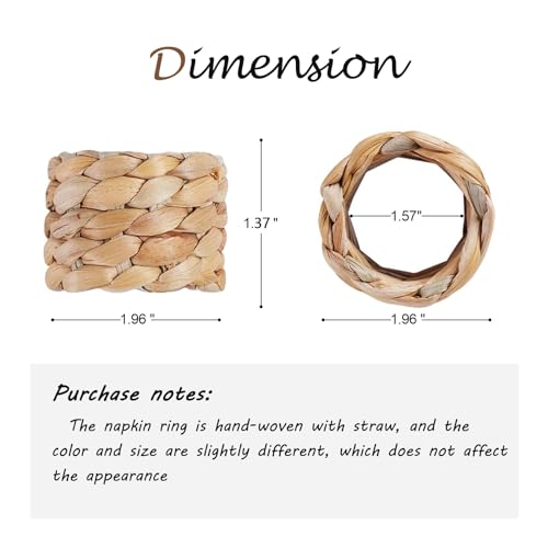 WOHIWO Napkin Rings Hand Woven Natural Water Hyacinth Napkin Rings for Party Wedding Table Decoration (6 Pack)