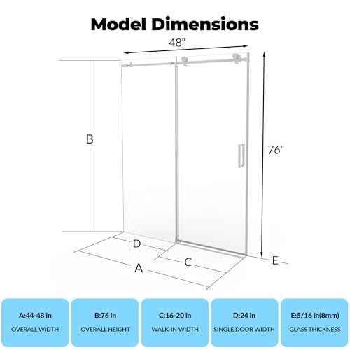 Image of Frameless Sliding Shower Door Enclosure - 56 to 60 Inch Adjustable Width x 76 Inch Height, 8mm Coated Tempered Safety Glass with Easy Clean, Square Stainless Steel Rail, Brushed Finish