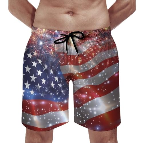 USA Flag Celebration Fireworks Men's Swim Trunks Quick Dry Board Shorts Hawaiian Beach Shorts With Pocket