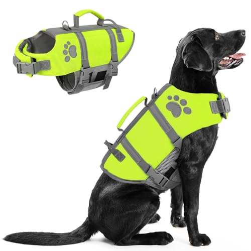 Queenmore Dog Life Vest for Swimming, Ripstop Dog Life Jacket Large, Floating Life Vest for Dogs Large Breed with Handle, Vibrant Doggie Life Jacket for Boating with Hook, Pet Water Vest for Big Dogs